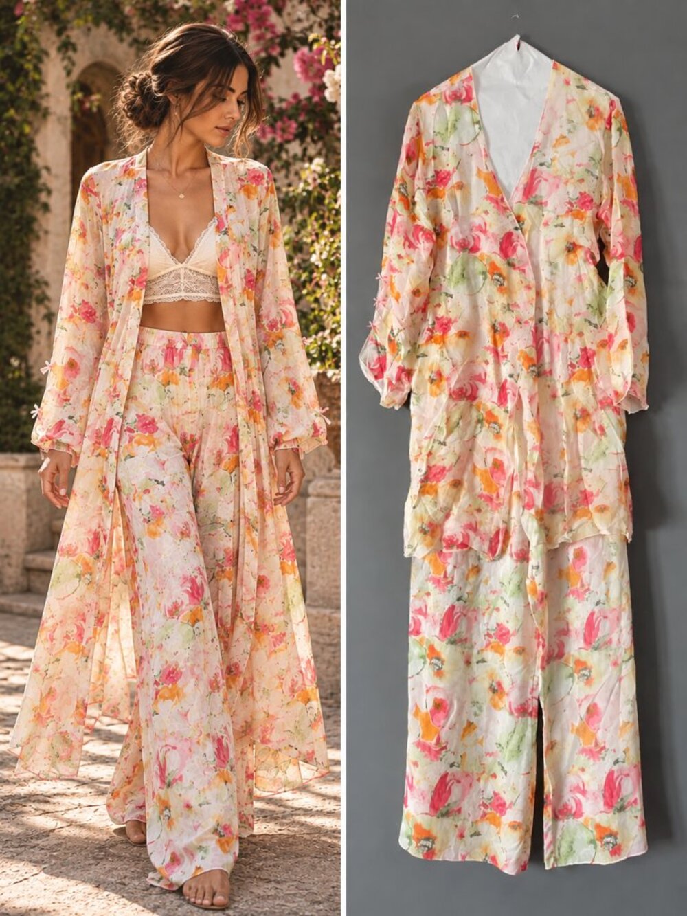 Donna Cream Pink Watercolor Floral Viscose Duster Pants Boho Cottagecore L/XL